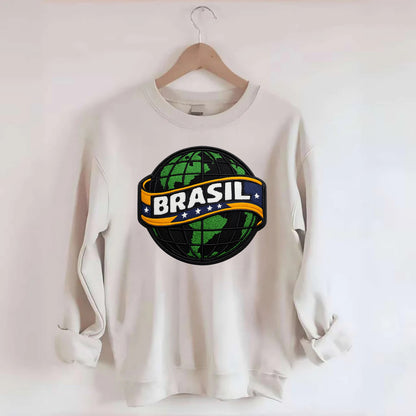 BRAZILIAN FLAG GLOBE - green globe with banner in green yellow blue , Brasil - Crewneck Sweatshirt - biege