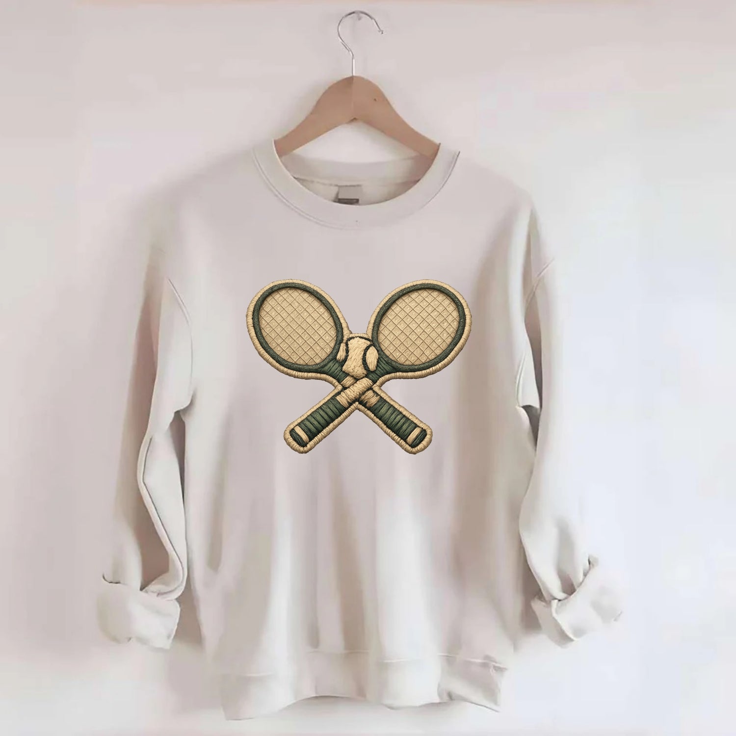Embroidered patch design - TENNIS RACKET CROSSED - tennis rackets with ball - Crewneck Sweatshirt - biege