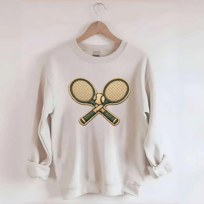 Embroidered patch design - TENNIS RACKET CROSSED - tennis rackets with ball - Crewneck Sweatshirt - biege