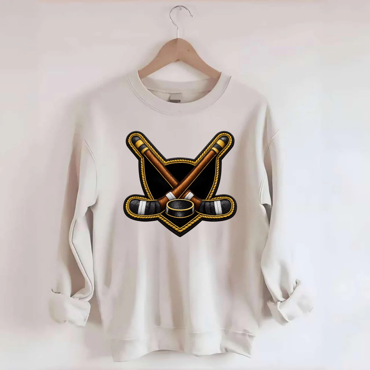Embroidered patch design - HOCKEY CROSSED STICKS - ice hockey sticks with - Crewneck Sweatshirt - biege