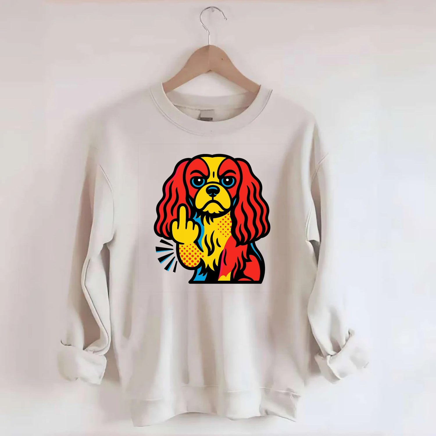 Cavalier King Charles Spaniel with long ears, regal paw giving finger - Crewneck Sweatshirt - biege