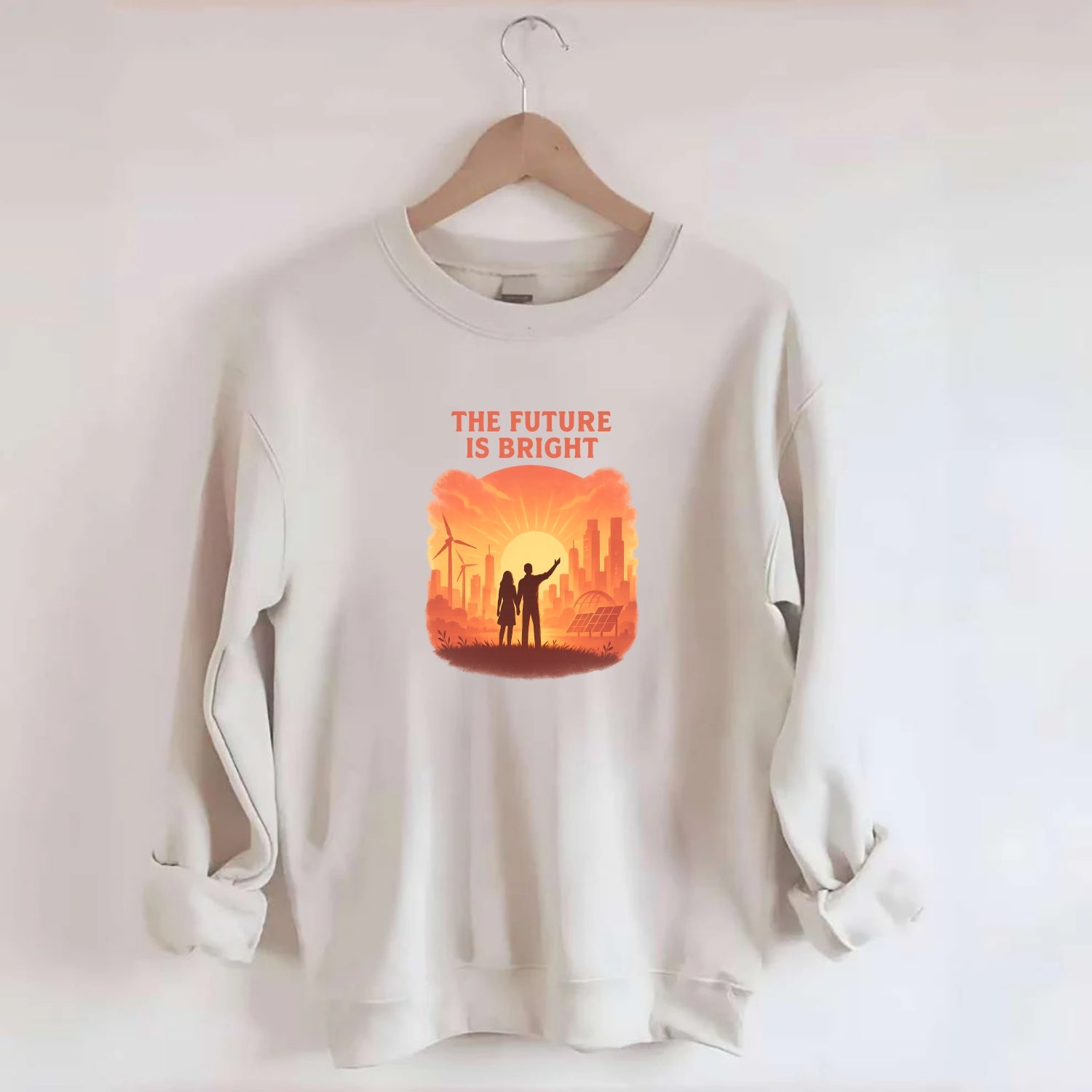 Sunrise over thriving sustainable city - "The Future is Bright" - optimistic - Crewneck Sweatshirt - biege
