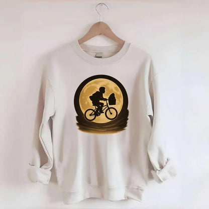 boy with bicycle flying across full moon with silhouette - Crewneck Sweatshirt - biege