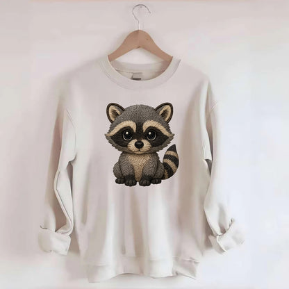 Baby Raccoon - gray fur, black mask, ringed tail, bright curious eyes, - Crewneck Sweatshirt - biege