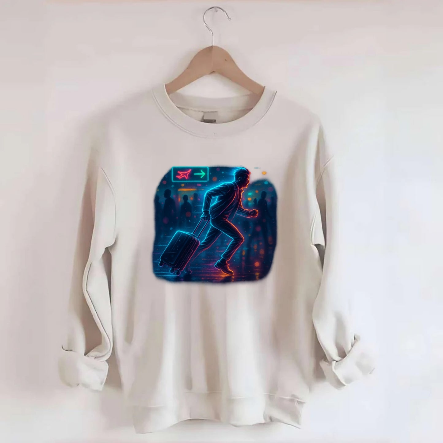 person running with luggage through crowded airport terminal - Crewneck Sweatshirt - biege