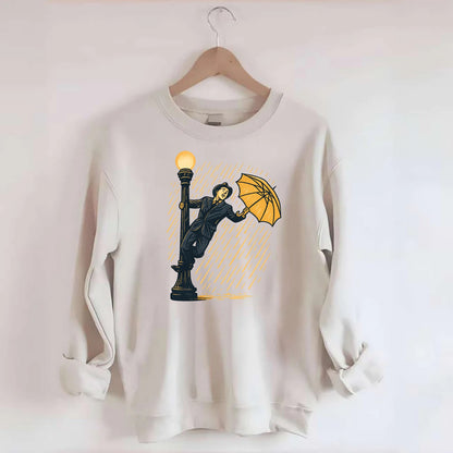 joyful dancing on lamppost in heavy rain with big smile - Crewneck Sweatshirt - biege
