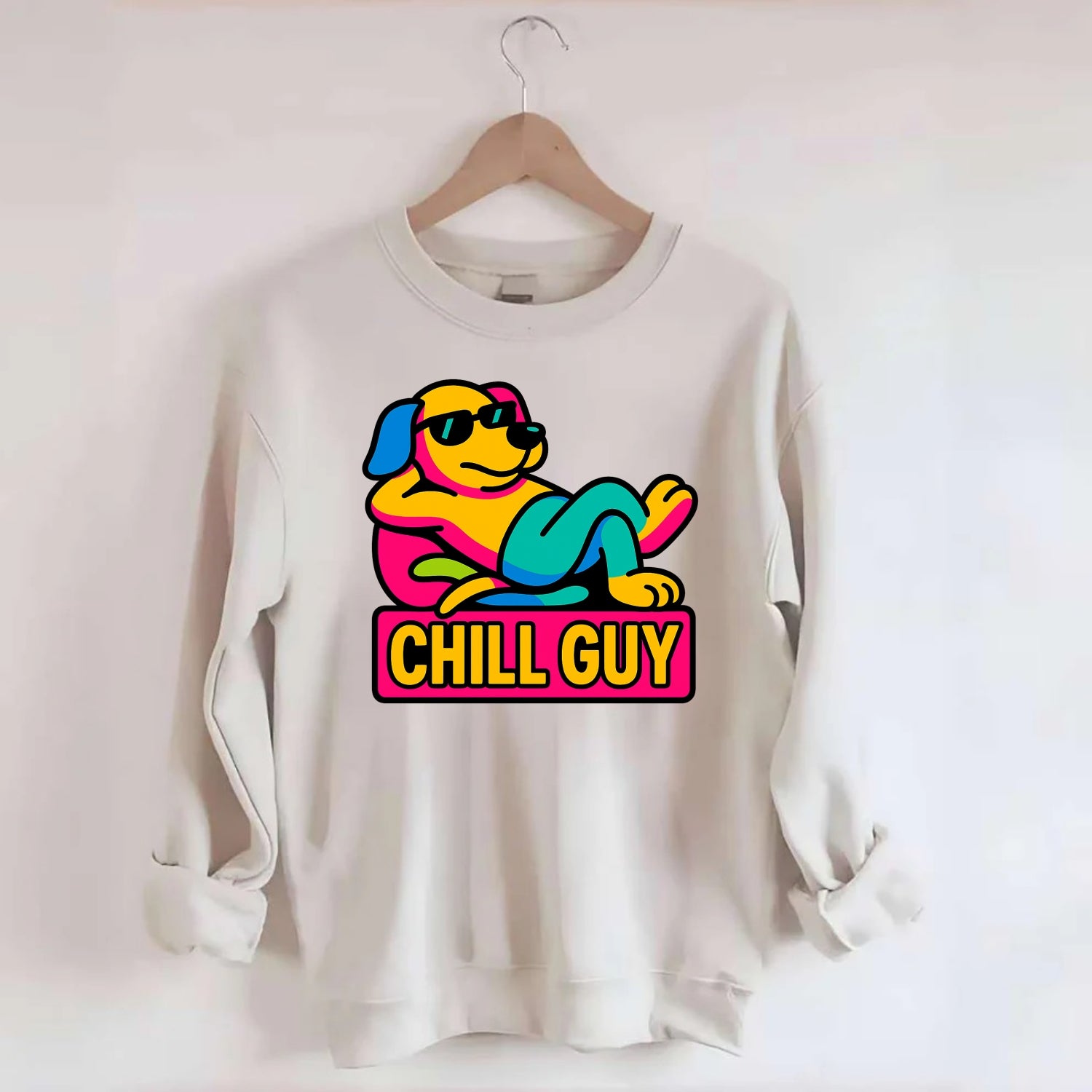 Super relaxed dog character lounging unbothered - "Chill Guy" meme energy, - Crewneck Sweatshirt - biege