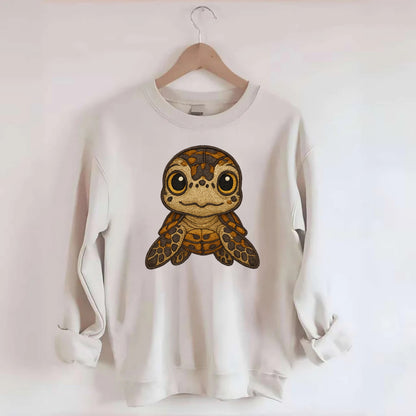 Baby Hawksbill Turtle - amber and brown shell pattern, curious golden eyes, - Crewneck Sweatshirt - biege