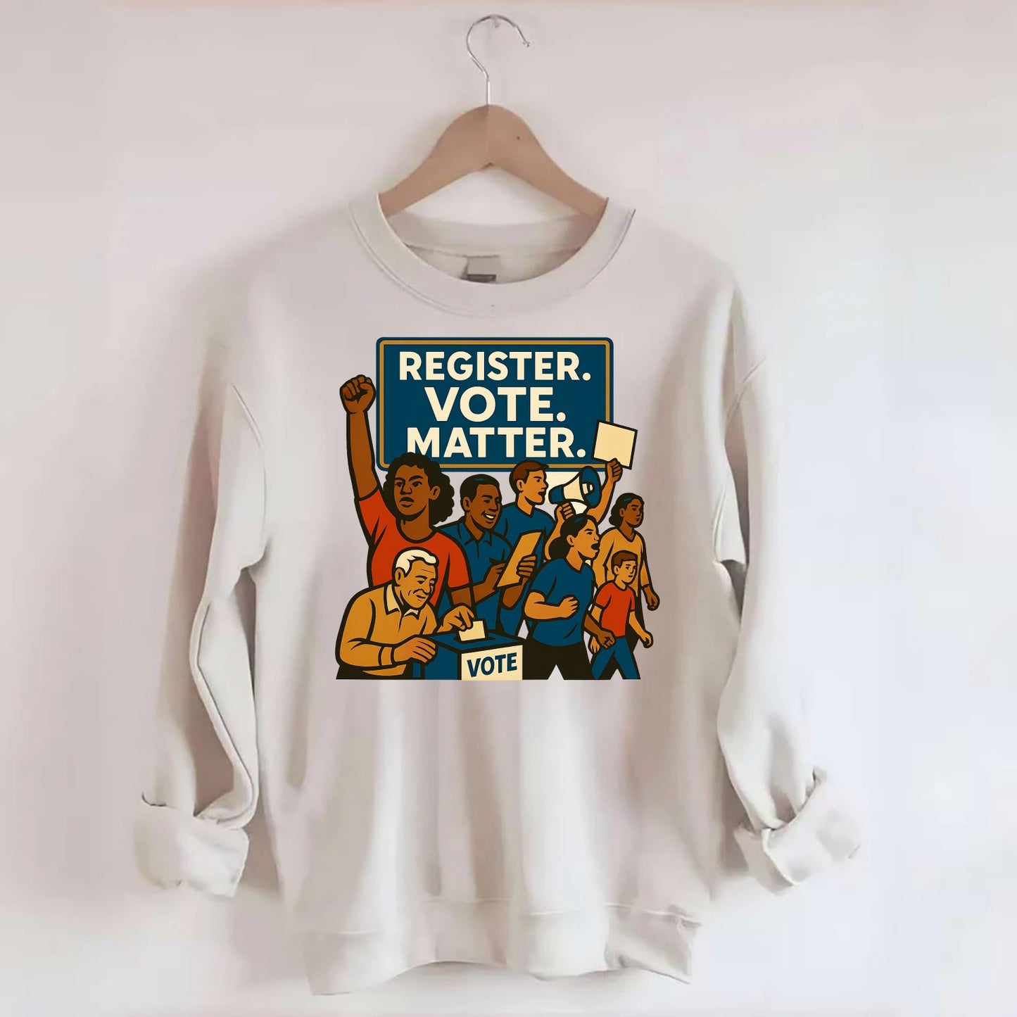 Voter registration drive bringing community together - "Register. Vote. - Crewneck Sweatshirt - biege