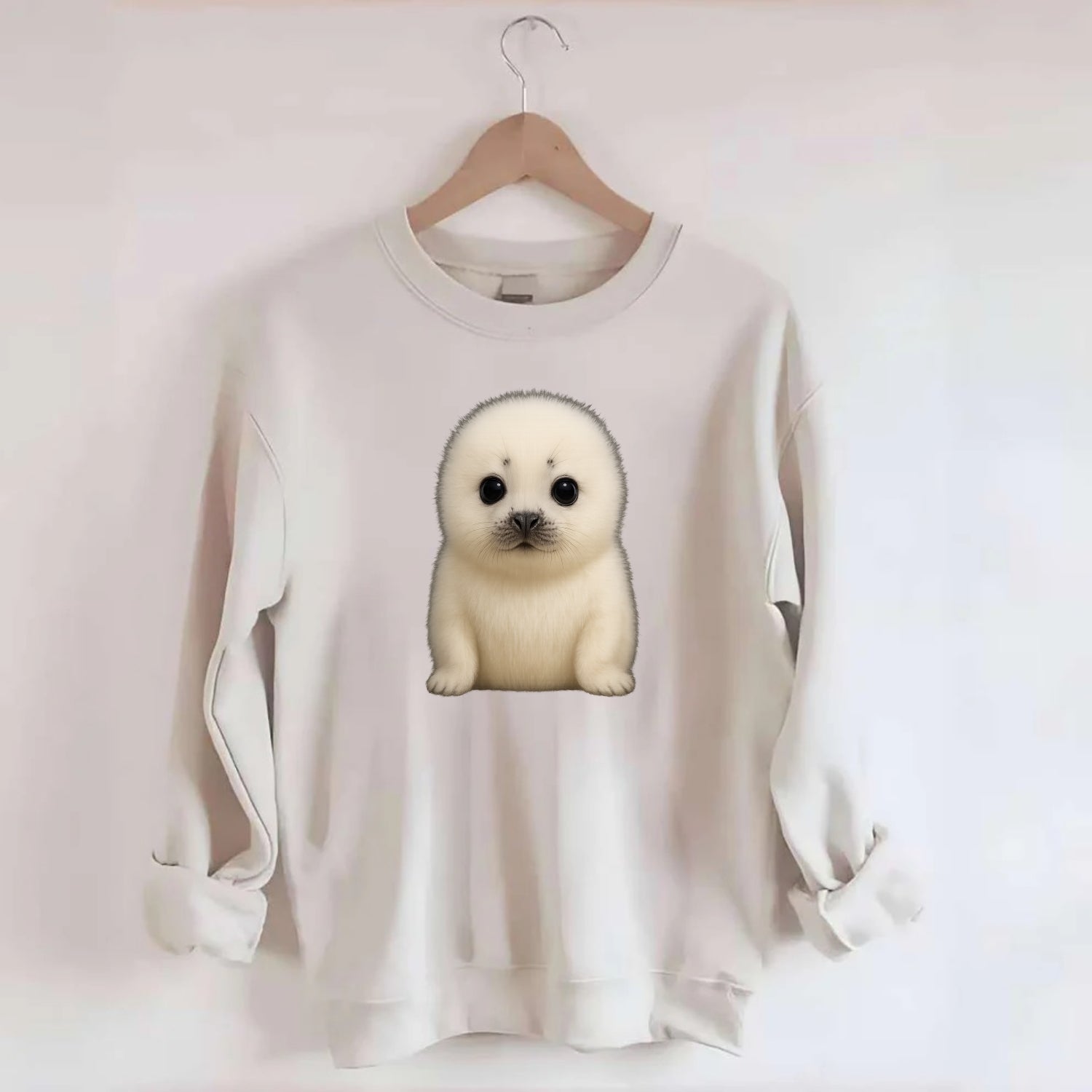 Baby Harp Seal - pure white fluffy fur, enormous dark eyes, front-facing, - Crewneck Sweatshirt - biege