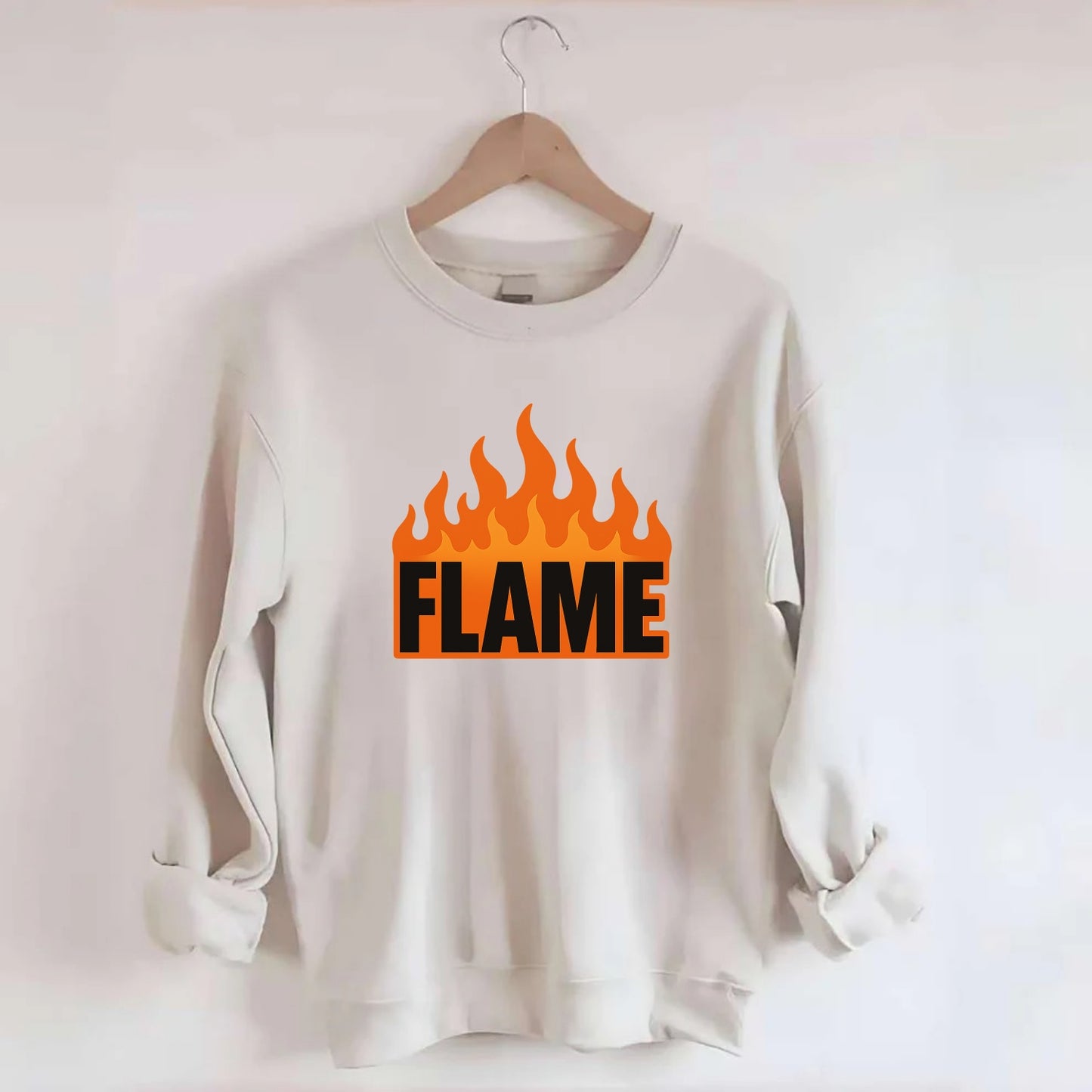Bold typography design - "FLAME" - burning bright, passionate - Crewneck Sweatshirt - biege
