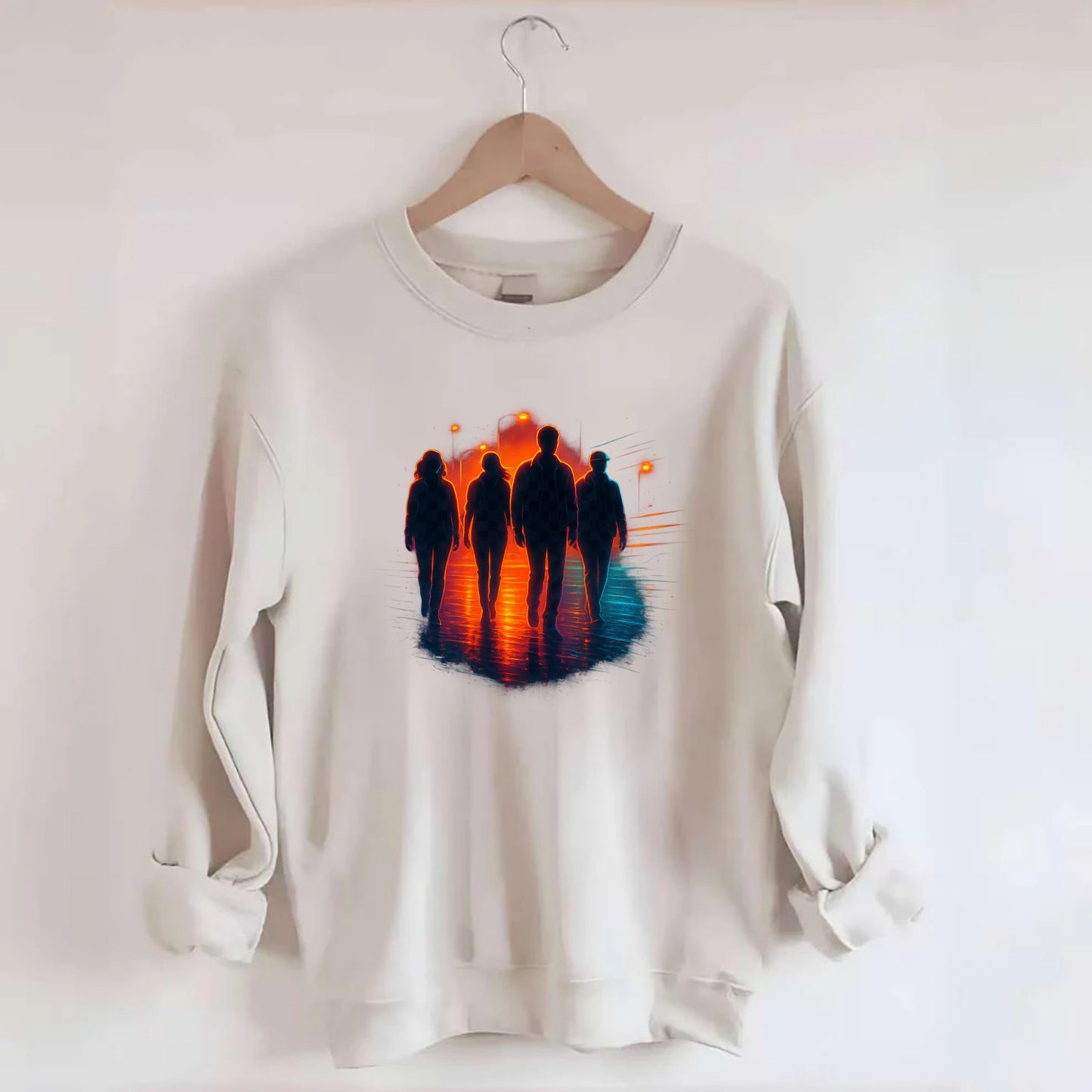 gang of silhouettes walking together at sunset by the beach - Crewneck Sweatshirt - biege