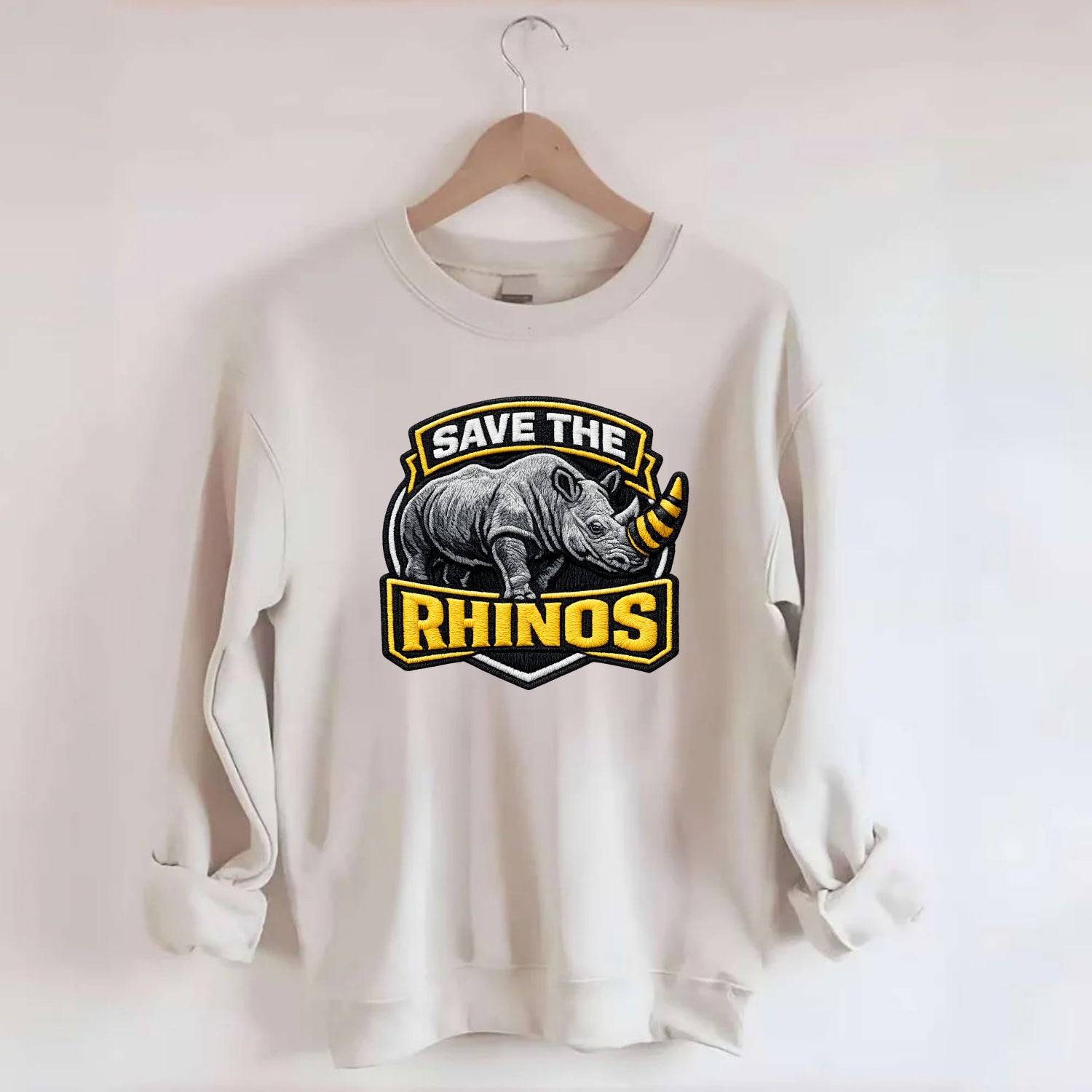 SAVE THE RHINOS - rhino silhouette in gray , horn protection - Crewneck Sweatshirt - biege