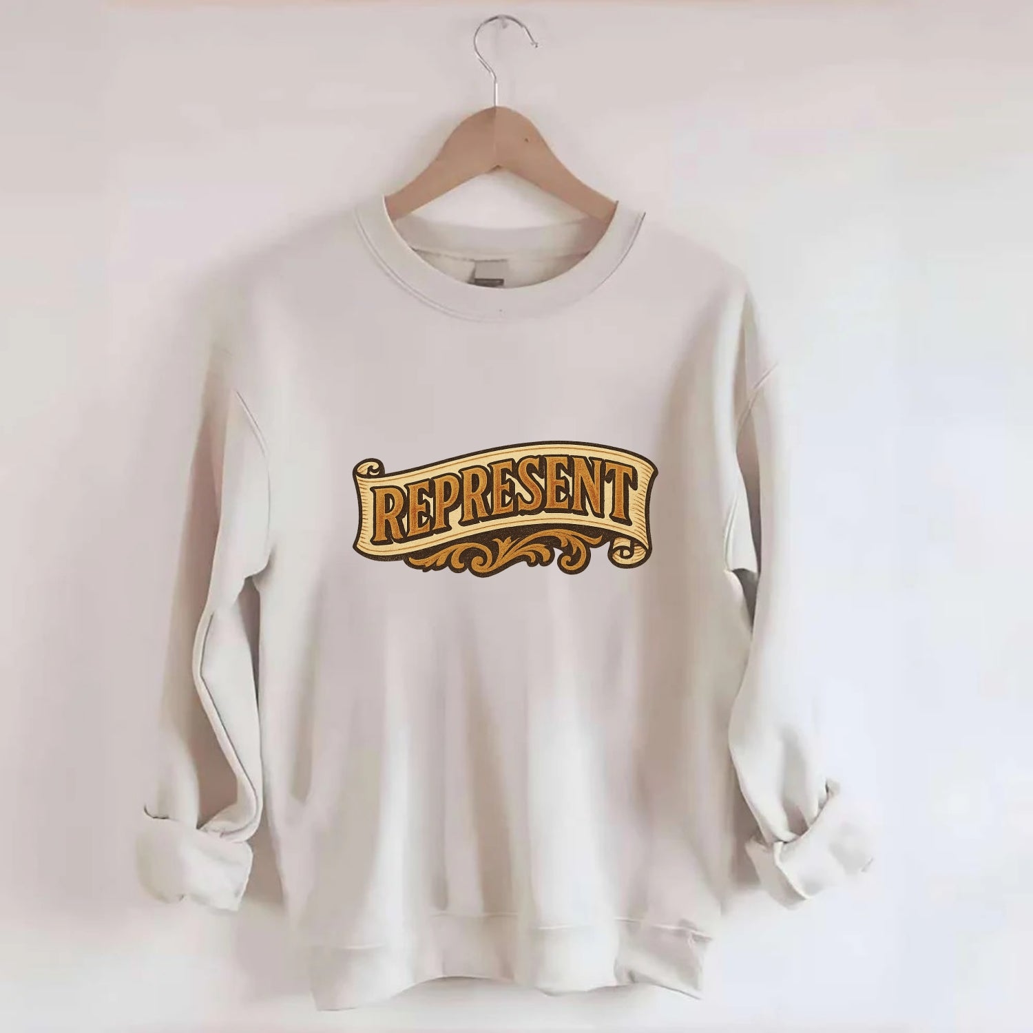 Bold typography design - "REPRESENT" - showing where you from - Crewneck Sweatshirt - biege