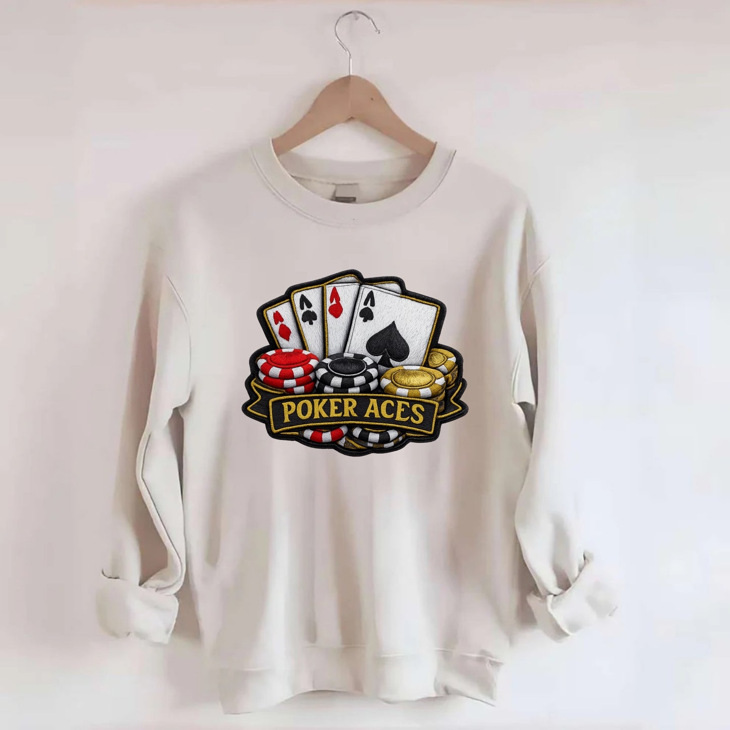 Embroidered patch design - POKER ACES - four aces with chips in red, black - Crewneck Sweatshirt - biege