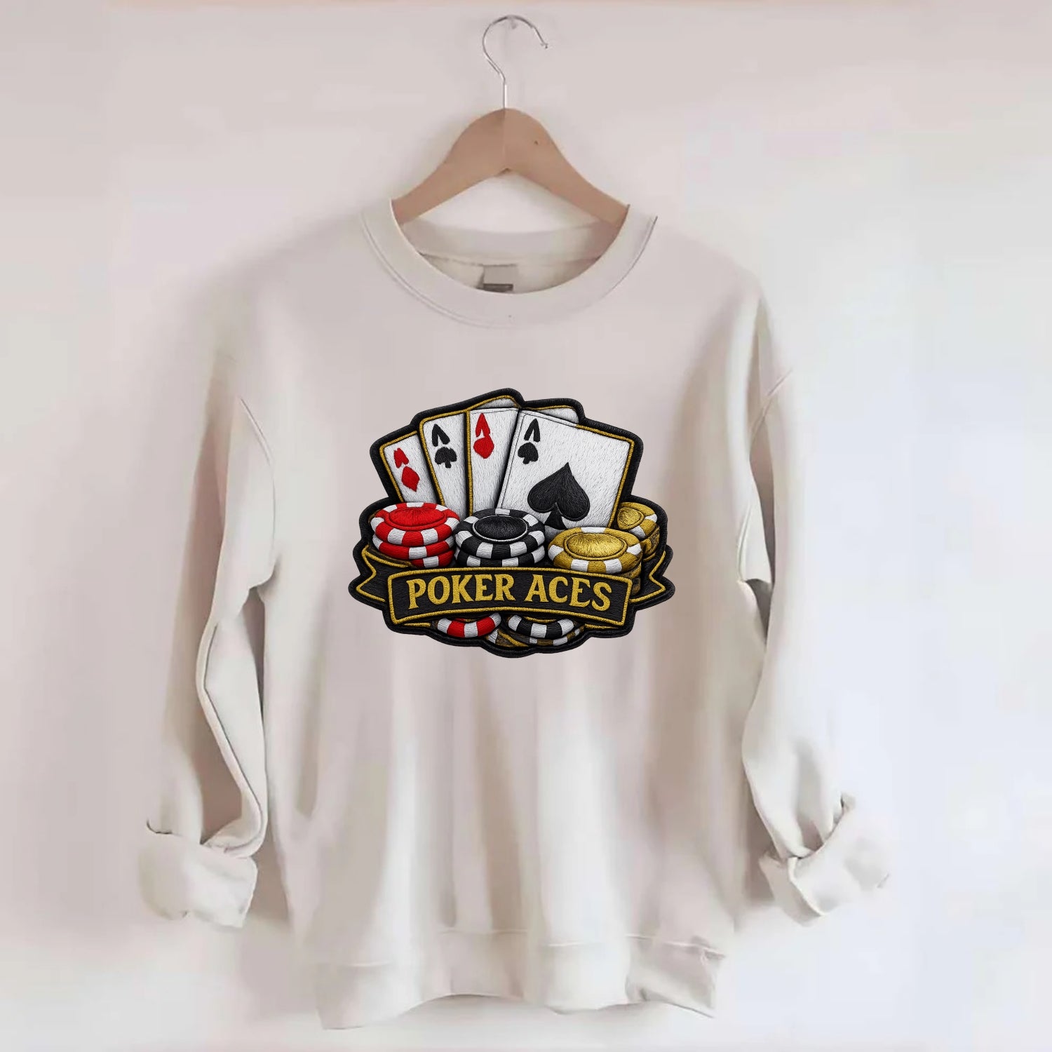 Embroidered patch design - POKER ACES - four aces with chips in red, black - Crewneck Sweatshirt - biege