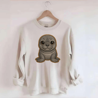Baby Elephant Seal - gray wrinkly, tiny trunk nose, big dark eyes, - Crewneck Sweatshirt - biege