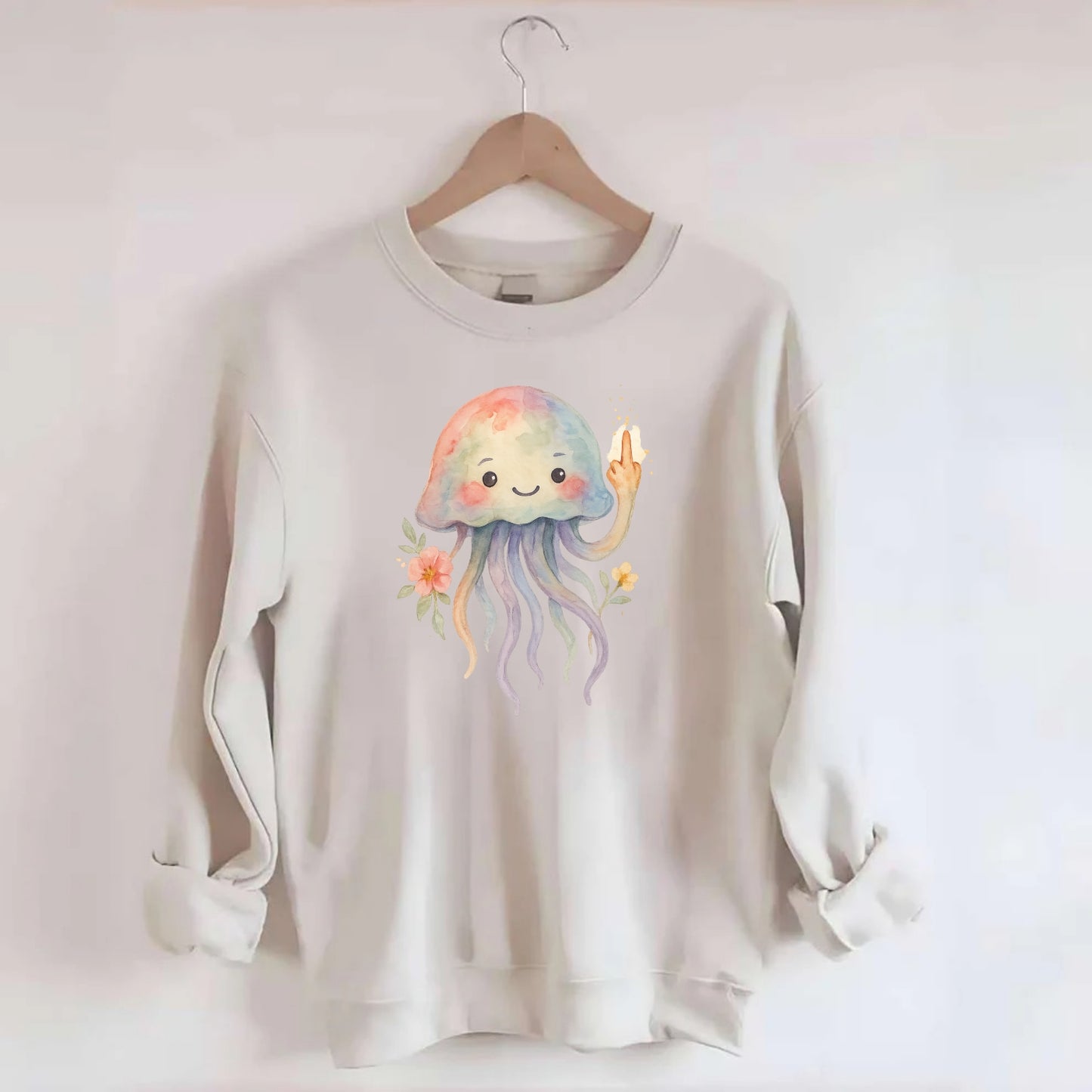 jellyfish with kawaii face and tentacles, one tentacle pointing up defiantly - Crewneck Sweatshirt - biege