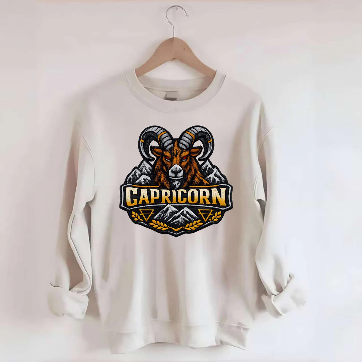 CAPRICORN GOAT - mountain goat in brown and gray , earth sign - Crewneck Sweatshirt - biege