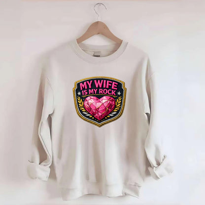 MY WIFE IS MY ROCK - pink rock heart - pink - solid wife - Crewneck Sweatshirt - biege