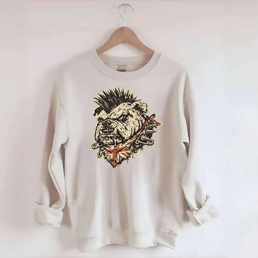PUNK BULLDOG | British bulldog with mohawk | Safety pins through collar | - Crewneck Sweatshirt - biege