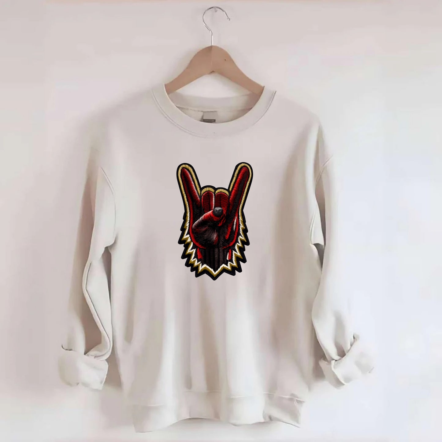 ROCK HAND HORNS - devil horns hand gesture in black and red , metal music - Crewneck Sweatshirt - biege