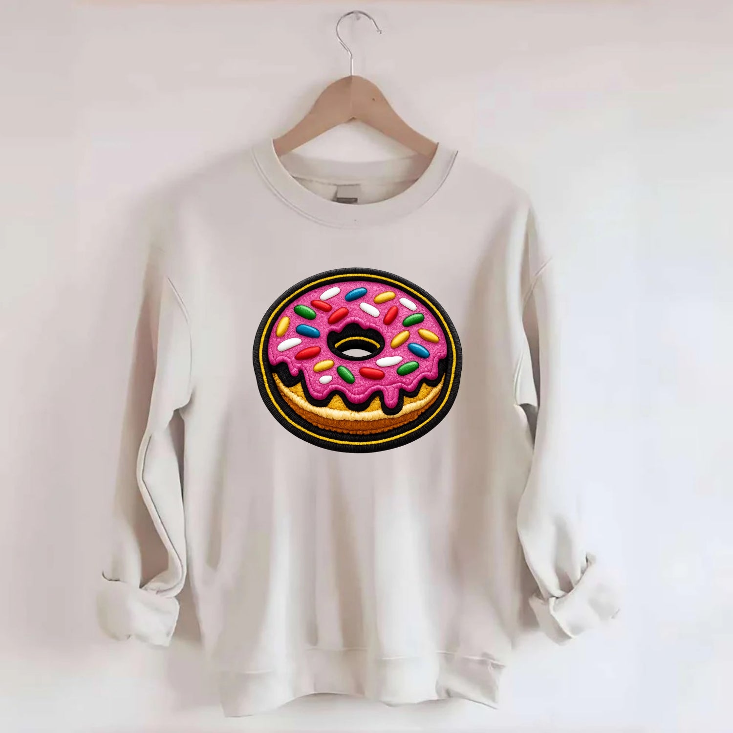 DONUT SPRINKLES - glazed donut with sprinkles in pink and rainbow , sweet - Crewneck Sweatshirt - biege