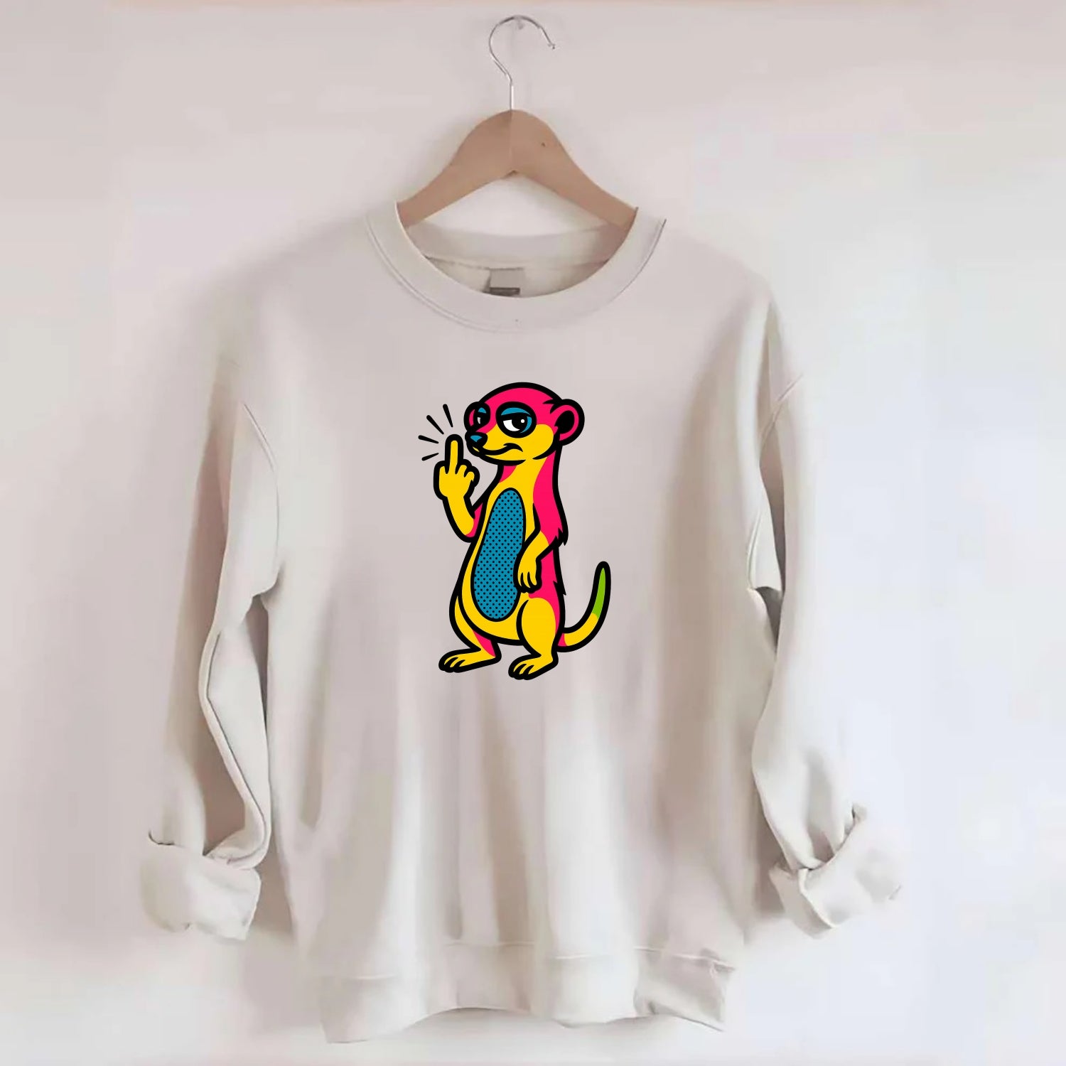 cute meerkat standing guard on hind legs, one front paw raised in sassy salute - Crewneck Sweatshirt - biege