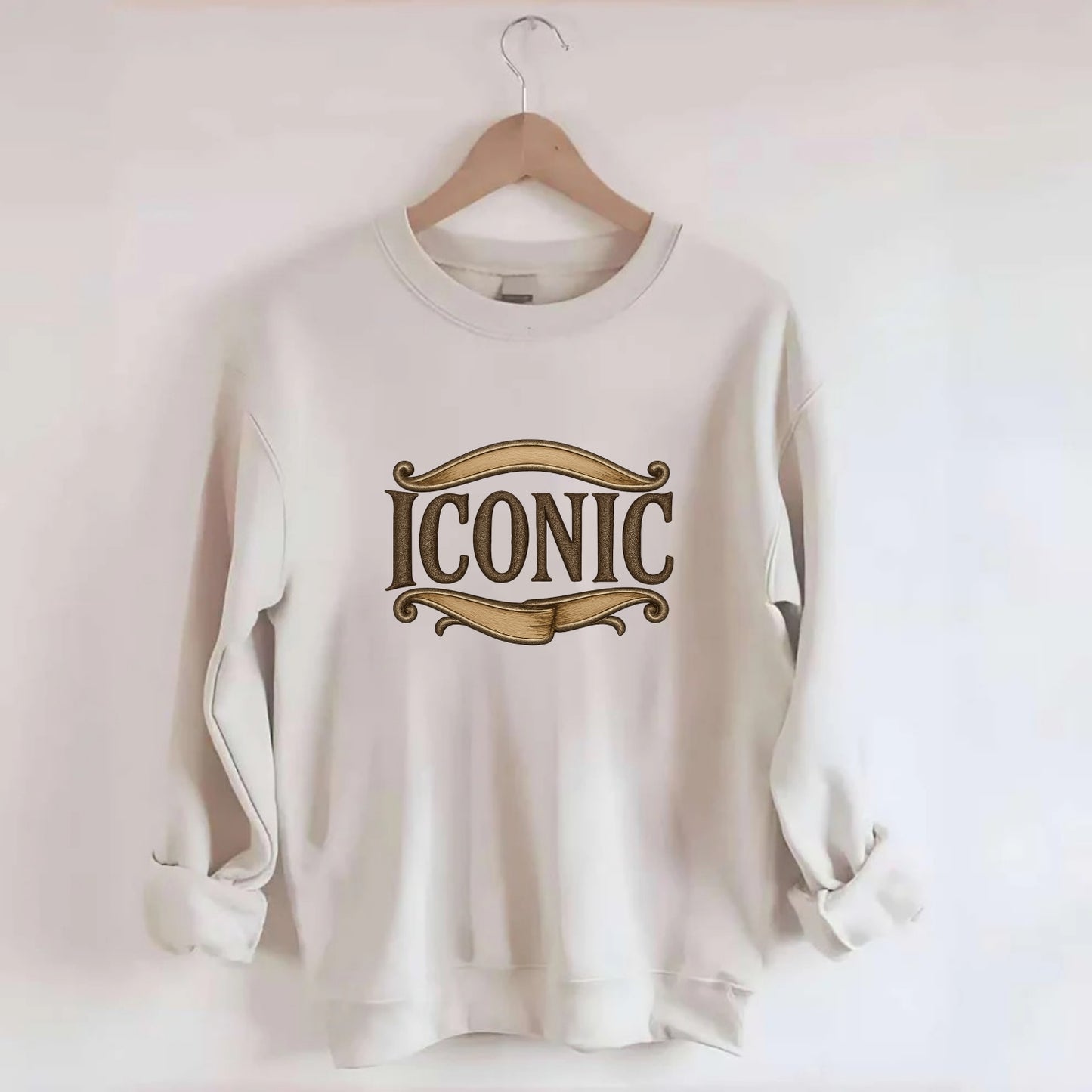 Bold typography design - "ICONIC" - instantly recognizable, trendsetter - Crewneck Sweatshirt - biege