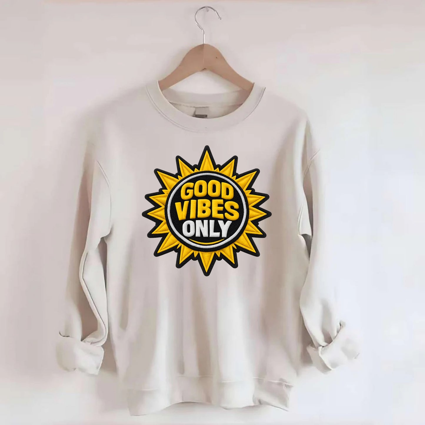 GOOD VIBES ONLY - sun with text in yellow , positive energy - Crewneck Sweatshirt - biege