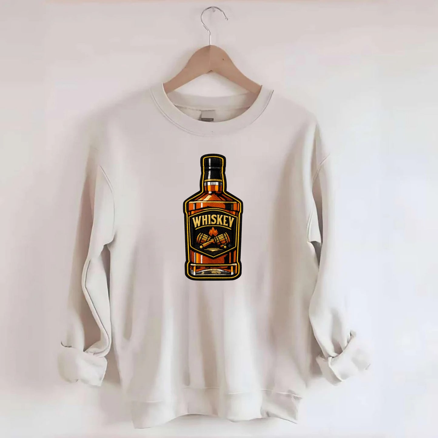 WHISKEY BOTTLE - bourbon bottle in amber and gold , spirits connoisseur - Crewneck Sweatshirt - biege