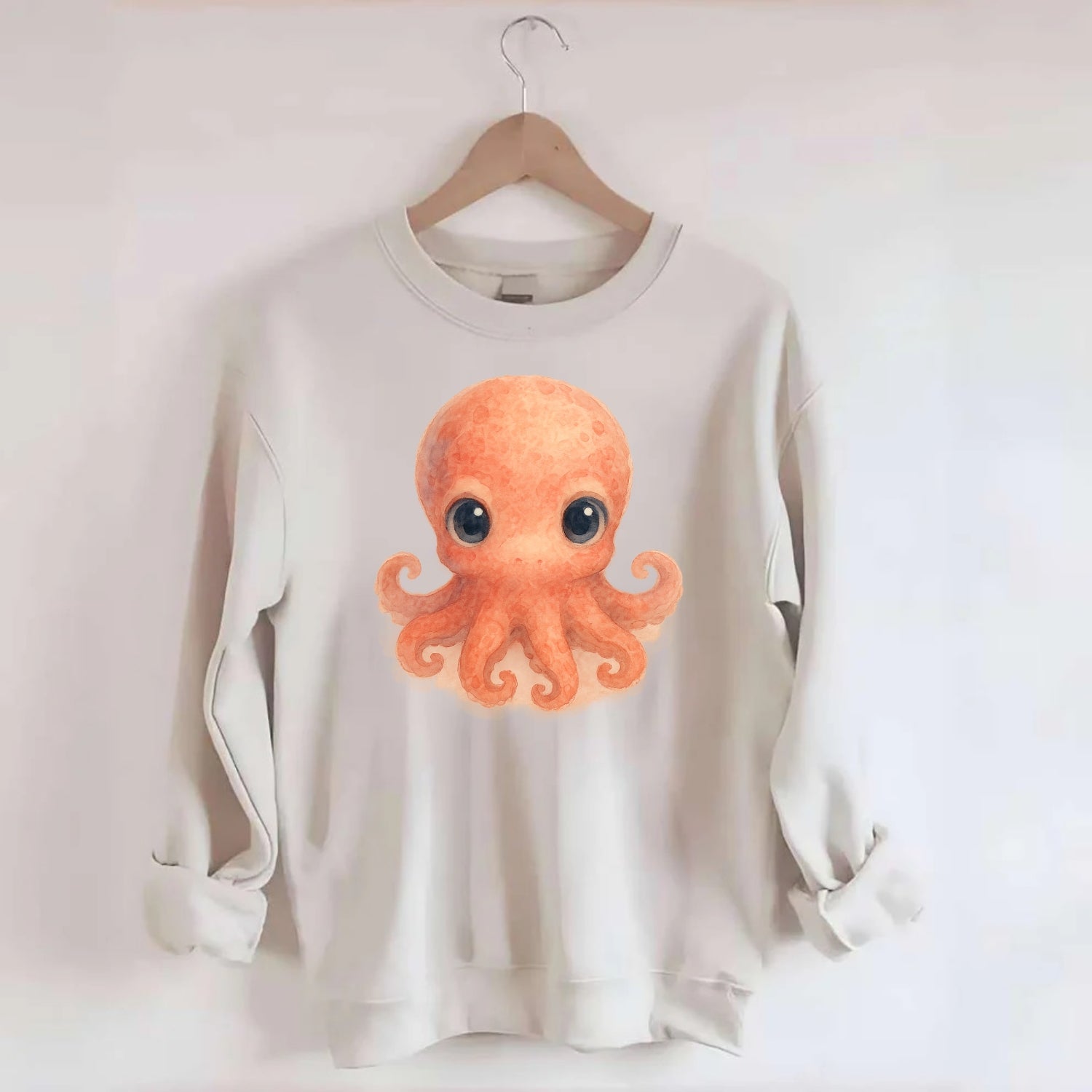 Baby Octopus - red-orange, eight tiny tentacles curled, large intelligent - Crewneck Sweatshirt - biege