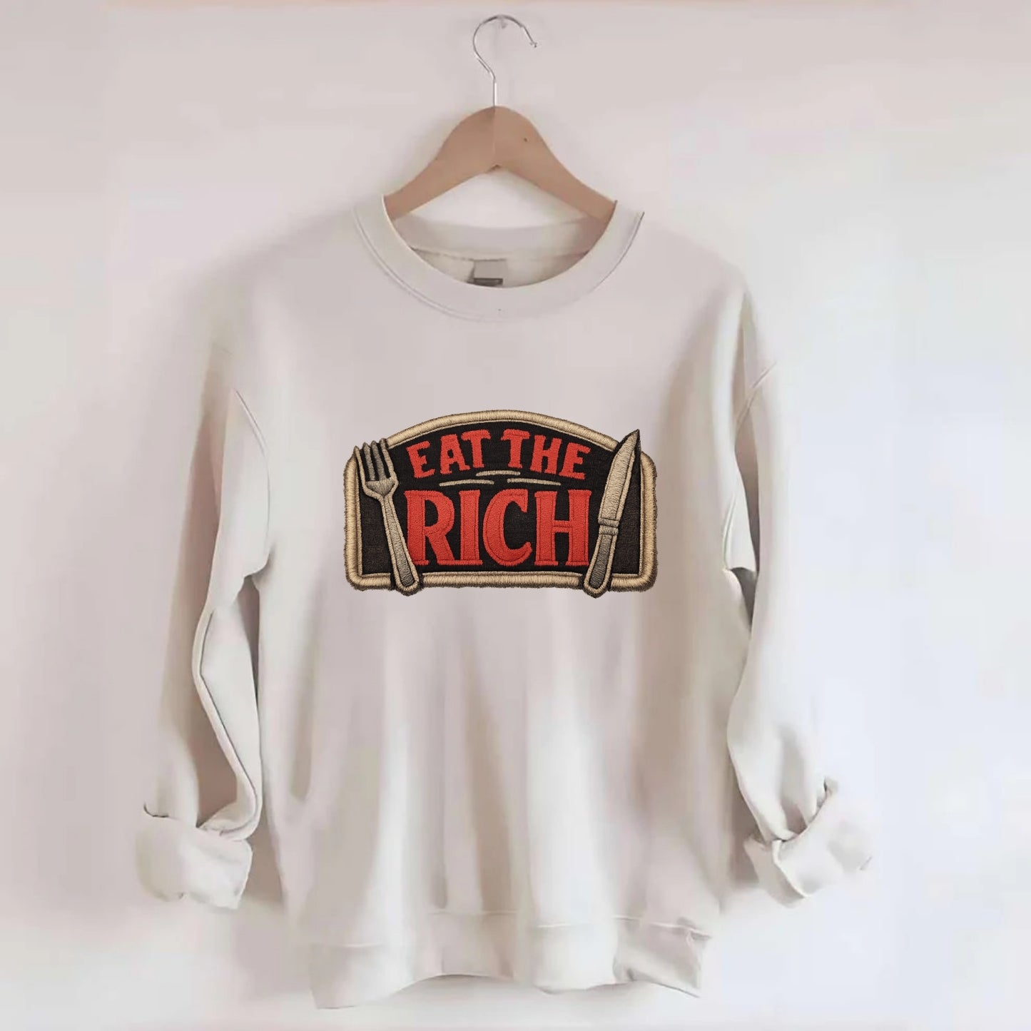 EAT THE RICH - fork and knife with text in red and silver , class war - Crewneck Sweatshirt - biege