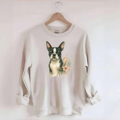 Boston Terrier with tuxedo markings, perky ears, paw up giving sass - Crewneck Sweatshirt - biege