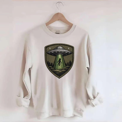 UFO ALIEN - flying saucer with beam in silver and green , extraterrestrial - Crewneck Sweatshirt - biege