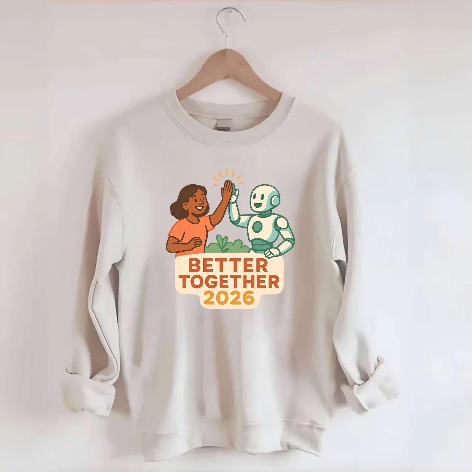 Human and AI robot high-fiving as collaborative partners - "Better Together - Crewneck Sweatshirt - biege