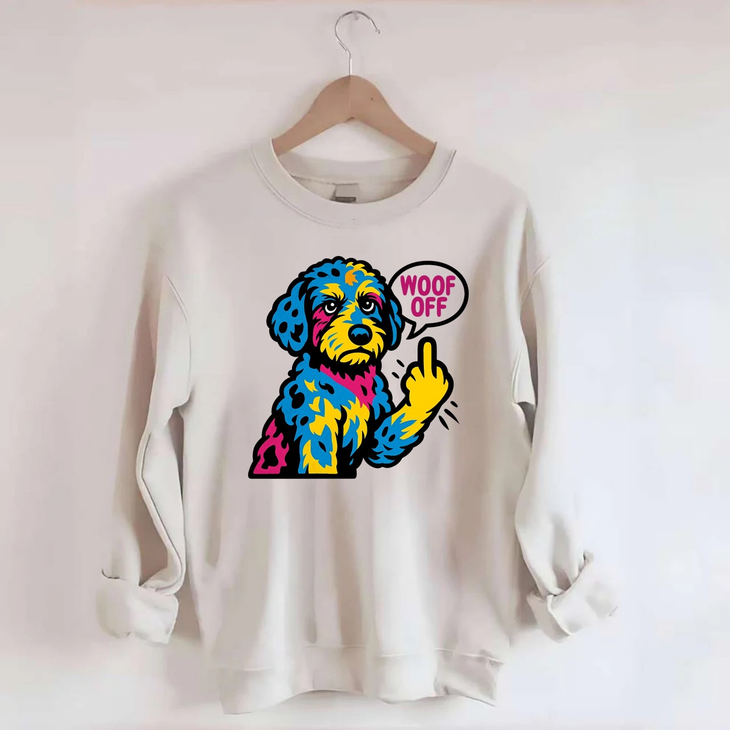 Aussiedoodle with merle patches and curly coat, playful smart paw raised - Crewneck Sweatshirt - biege