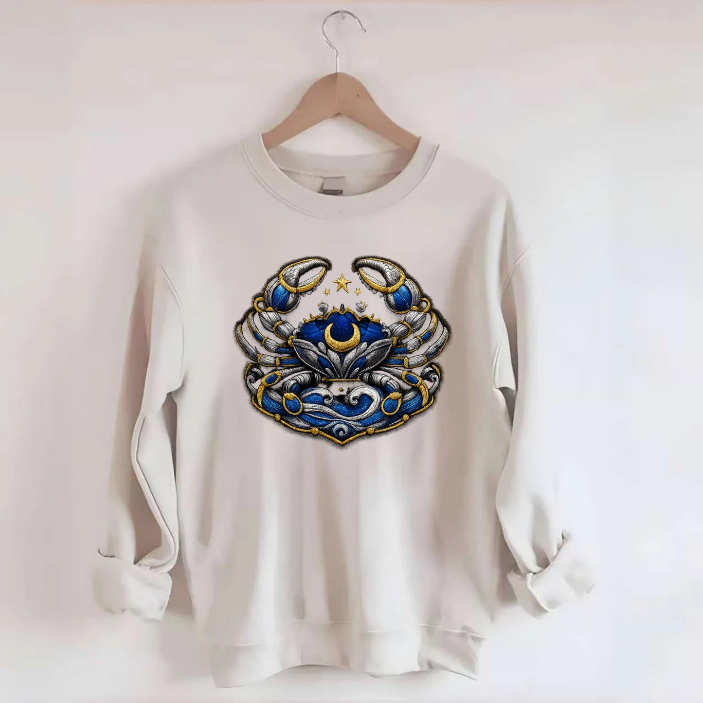 CANCER CRAB - protective crab in silver and blue , water sign - Crewneck Sweatshirt - biege