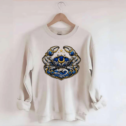CANCER CRAB - protective crab in silver and blue , water sign - Crewneck Sweatshirt - biege