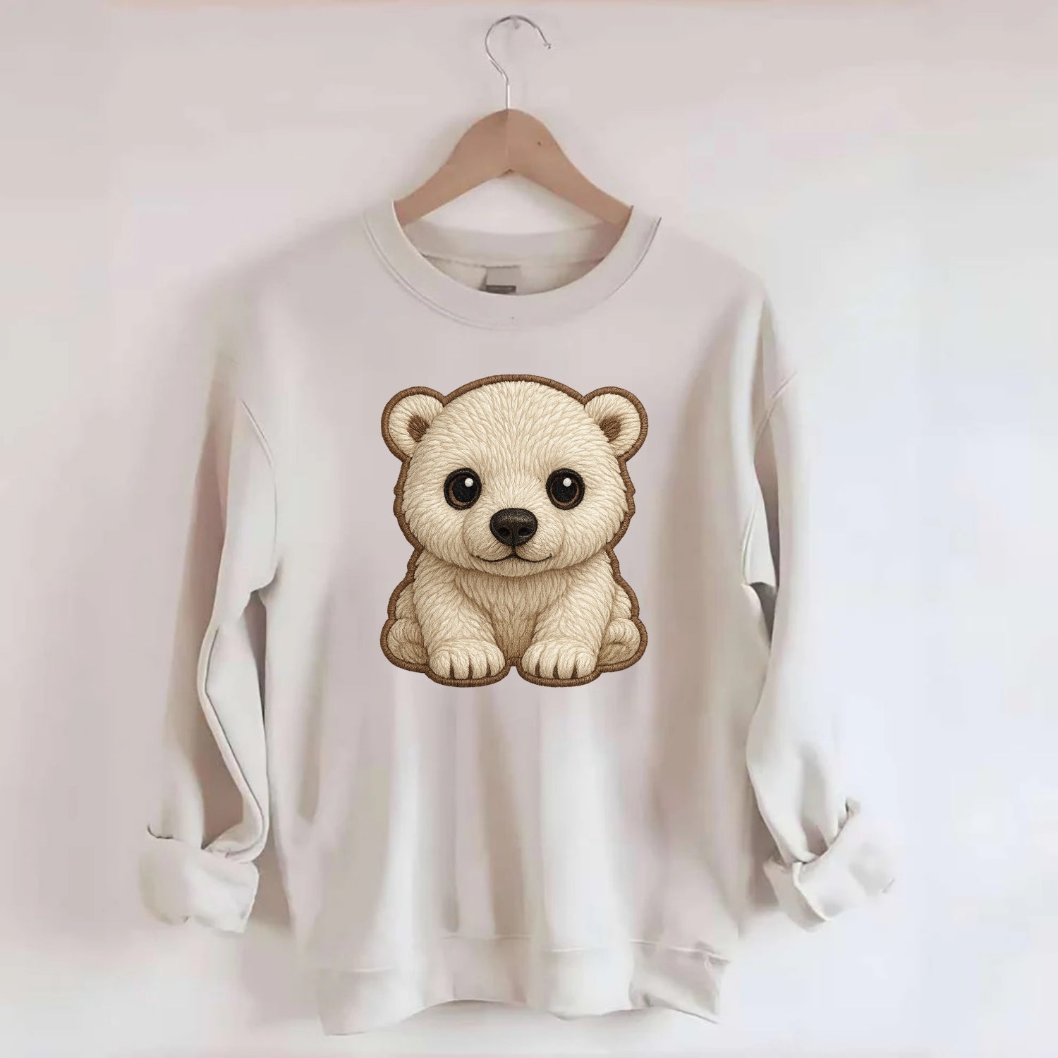 Baby Polar Bear Cub - white fluffy, black nose, dark curious eyes, - Crewneck Sweatshirt - biege