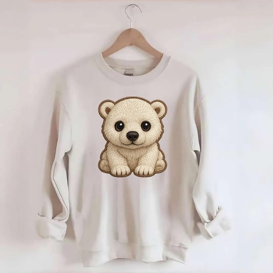 Baby Polar Bear Cub - white fluffy, black nose, dark curious eyes, - Crewneck Sweatshirt - biege