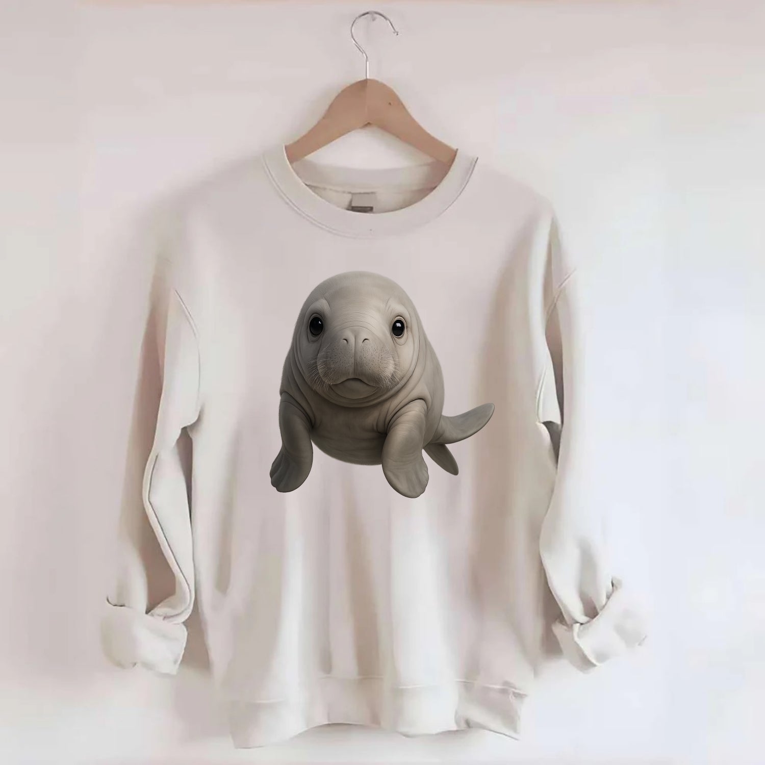 Baby Dugong - gray with paddle tail, gentle expression, whiskers, - Crewneck Sweatshirt - biege