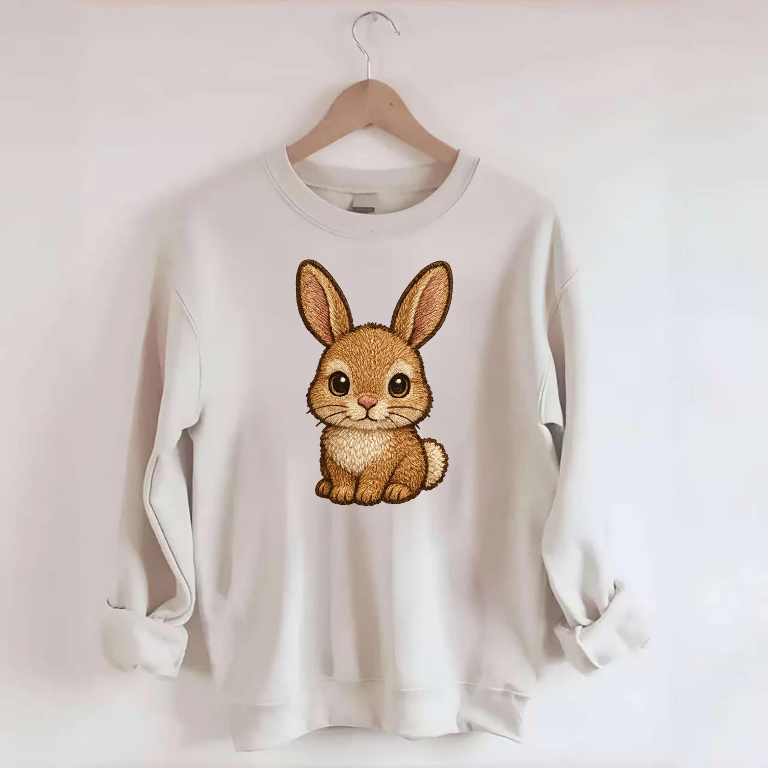 Baby Rabbit - long ears, fluffy white tail, pink nose, large brown eyes, - Crewneck Sweatshirt - biege