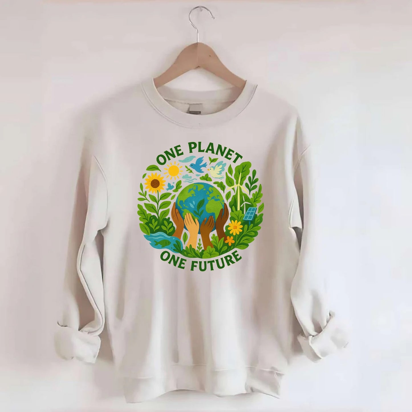 Globe surrounded by hands of all colors working together - "One Planet, One - Crewneck Sweatshirt - biege