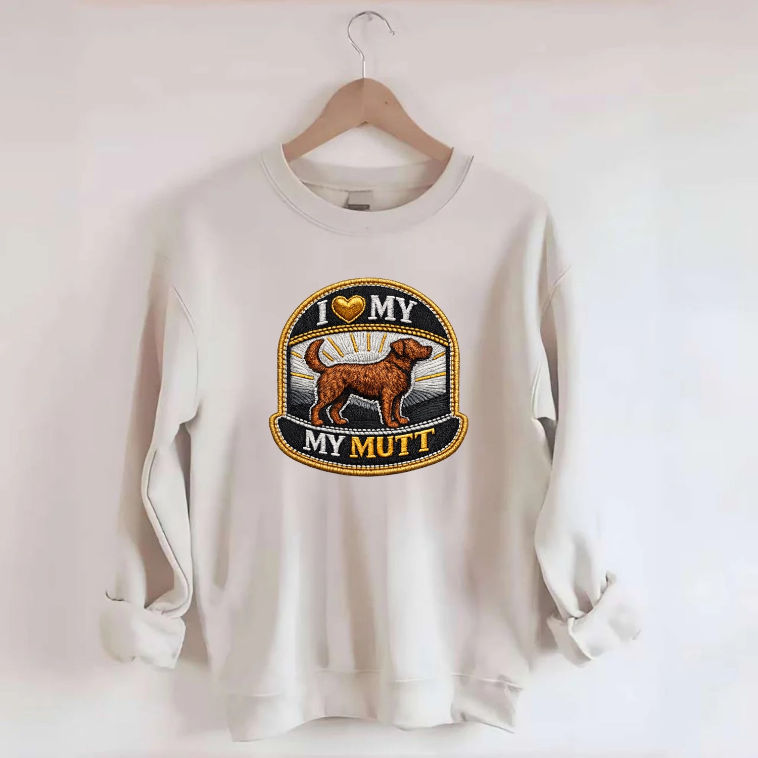 I LOVE MY MUTT - mixed breed silhouette in brown , rescue pride - Crewneck Sweatshirt - biege