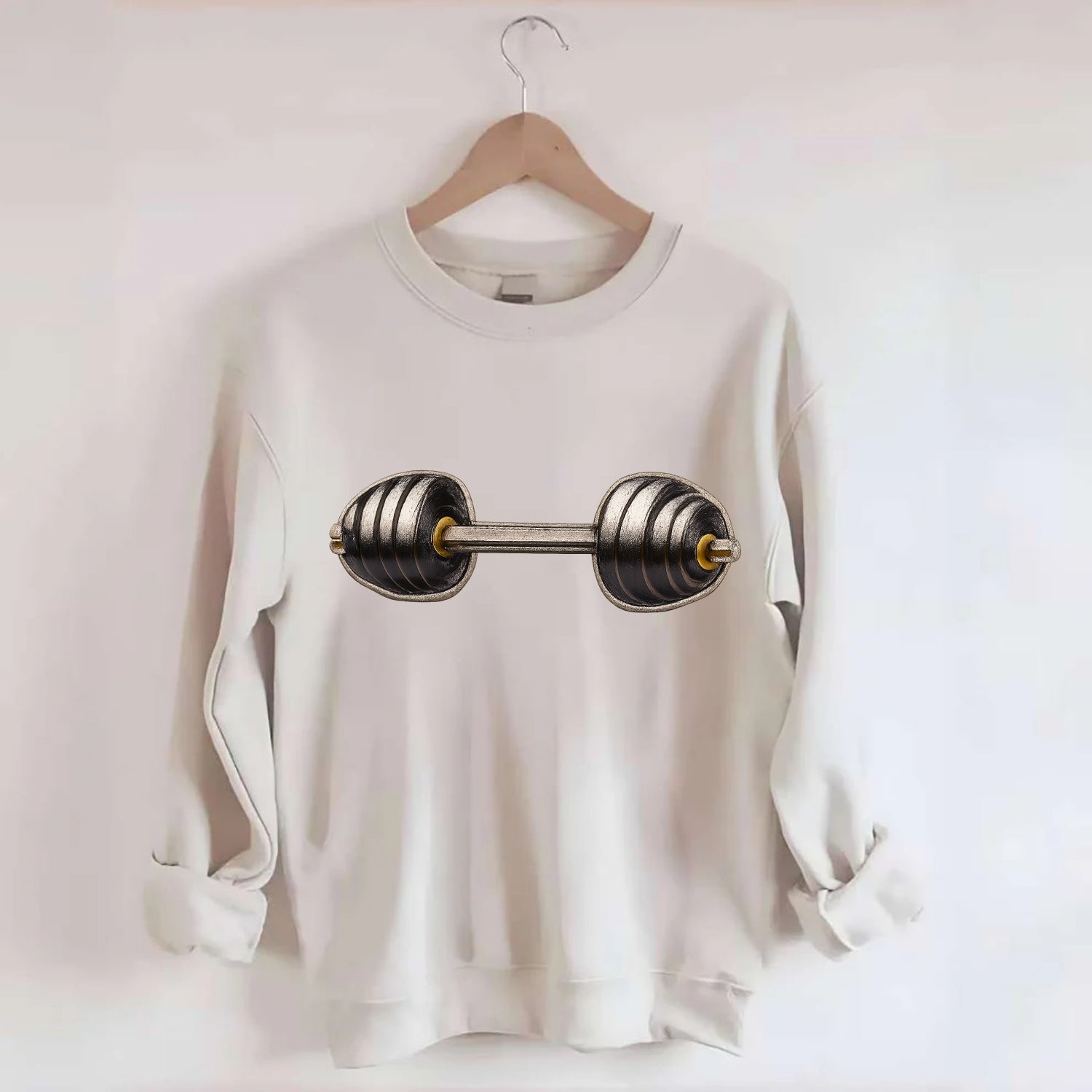 WEIGHTLIFTING BARBELL - heavy barbell with plates in silver and black , iron - Crewneck Sweatshirt - biege