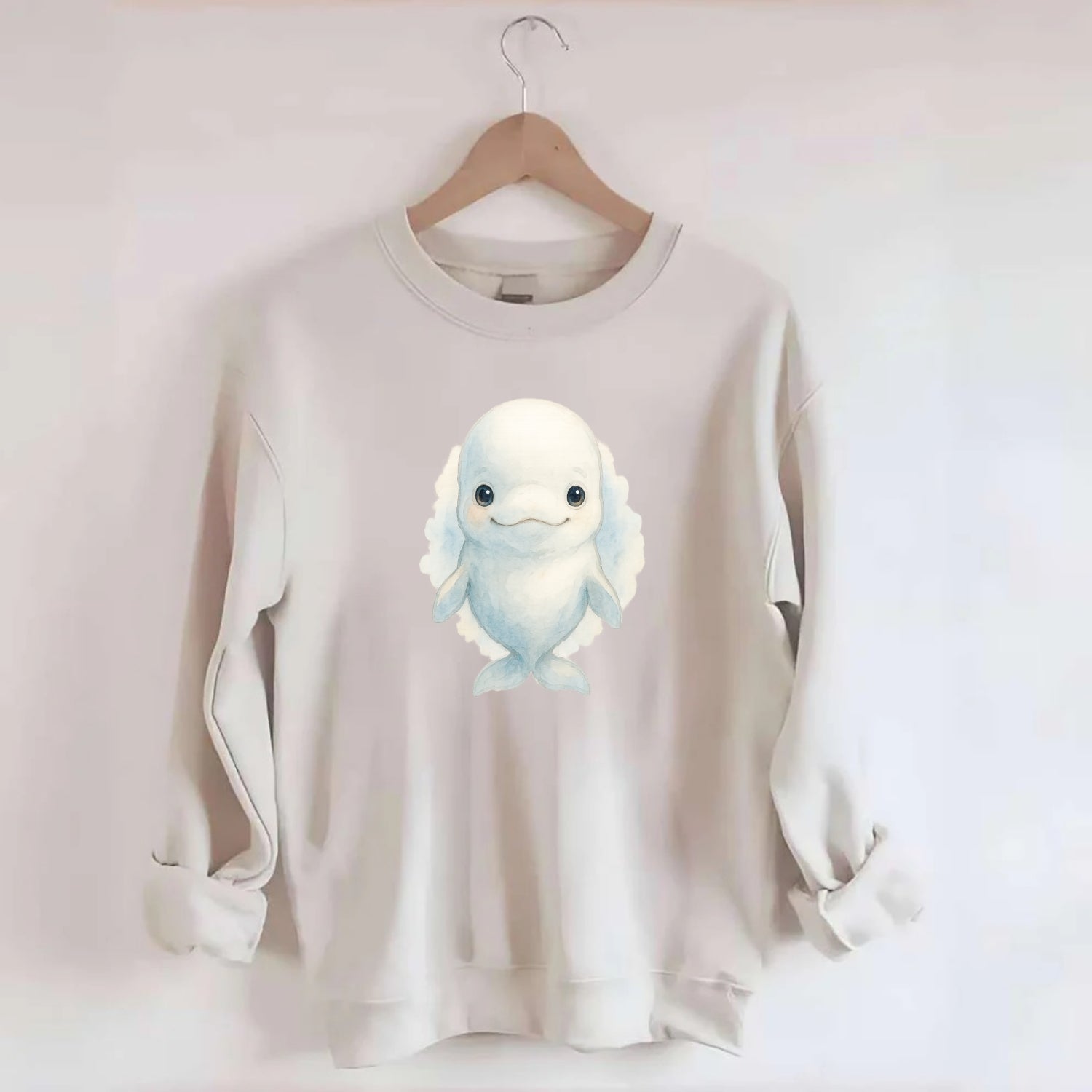 Baby Beluga Whale - pure white, rounded forehead, small eyes with big - Crewneck Sweatshirt - biege