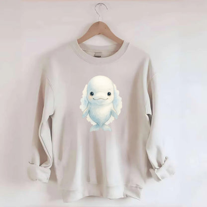Baby Beluga Whale - pure white, rounded forehead, small eyes with big - Crewneck Sweatshirt - biege
