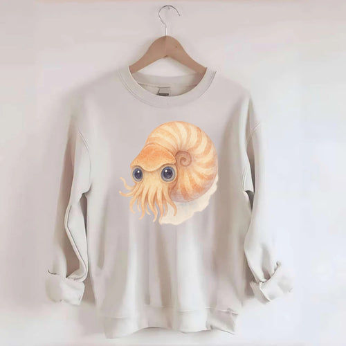 Baby Nautilus - spiral shell, tentacles peeking, ancient eyes, front-facing, - Crewneck Sweatshirt