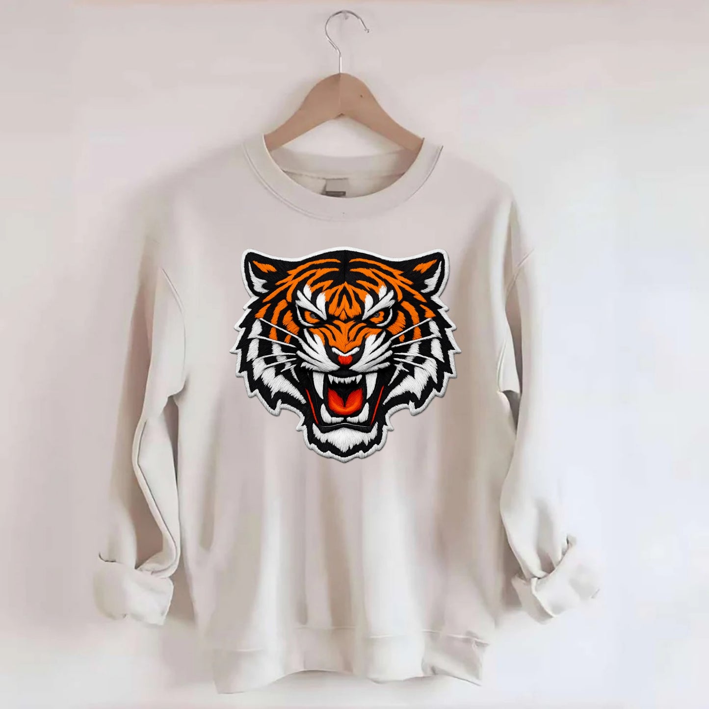 TIGER STRIPES FACE - fierce tiger face in orange, black and white , predator - Crewneck Sweatshirt - biege